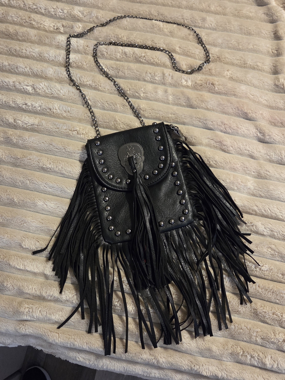 Black Fringe Studded Crossbody Bag with Chain Strap 7" Height, 6" Across,